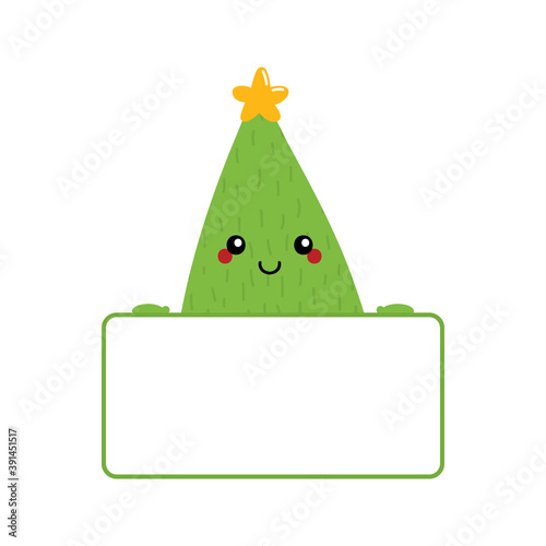 Cute cartoon style christmas tree character holding in hands blank, empty card for quote or information.