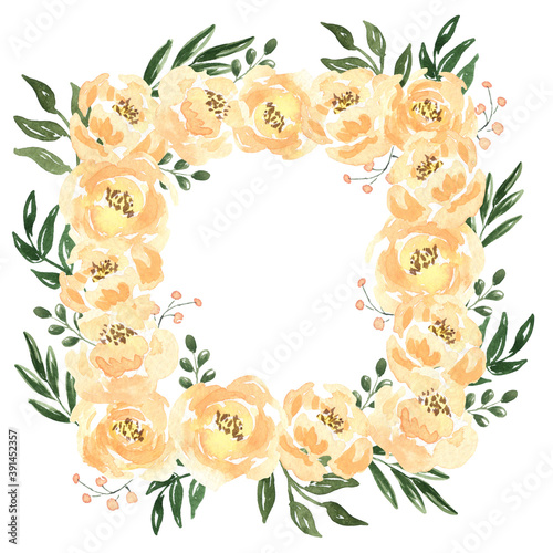 Illustration watercolor square frame of flowers of peach roses with leaves on a white background. spring, summer mood. for design, decoration, cards, invitations. place for your text