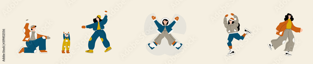 Fototapeta premium Vector Set of People Characters with Holiday Winter activity scenes on Christmas market or holiday outdoor fair. Man and Woman playing snowballs, making snow angel, ice skating