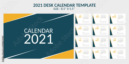 2021 desk calendar design template, 8.5" x 5.5" size, blue, yellow, black and white, Sunday to Saturday