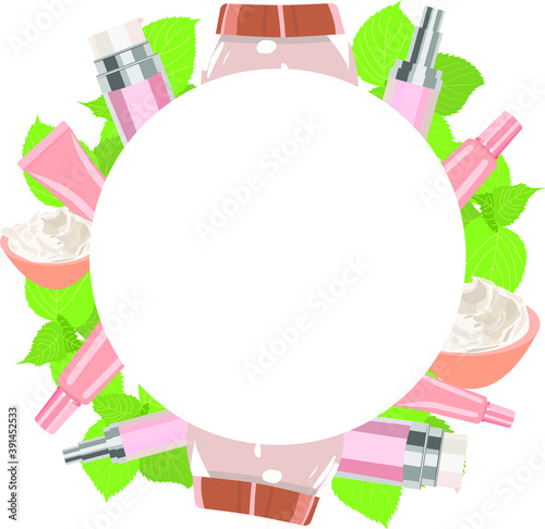 Patern from the tubes of a cream with the mint leaves , a face mask and cream.