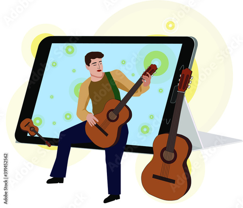 A man plays the guitar. Illustration for online concerts and advertising of street concerts, bards.