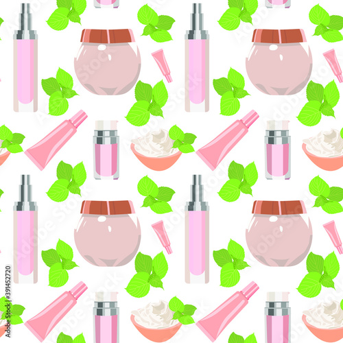 Patern from the tubes of a cream with the mint leaves , a face mask and cream.