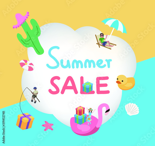 Summer Sale banner, hot season discount poster with gifts, cactus, duckling and flamingo.