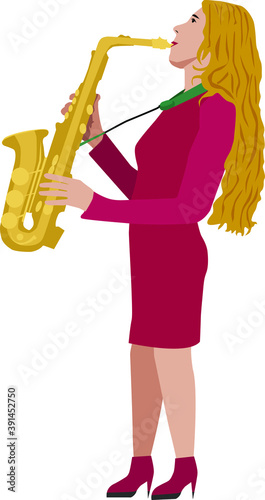 Young woman in red dress playing the saxophone.
