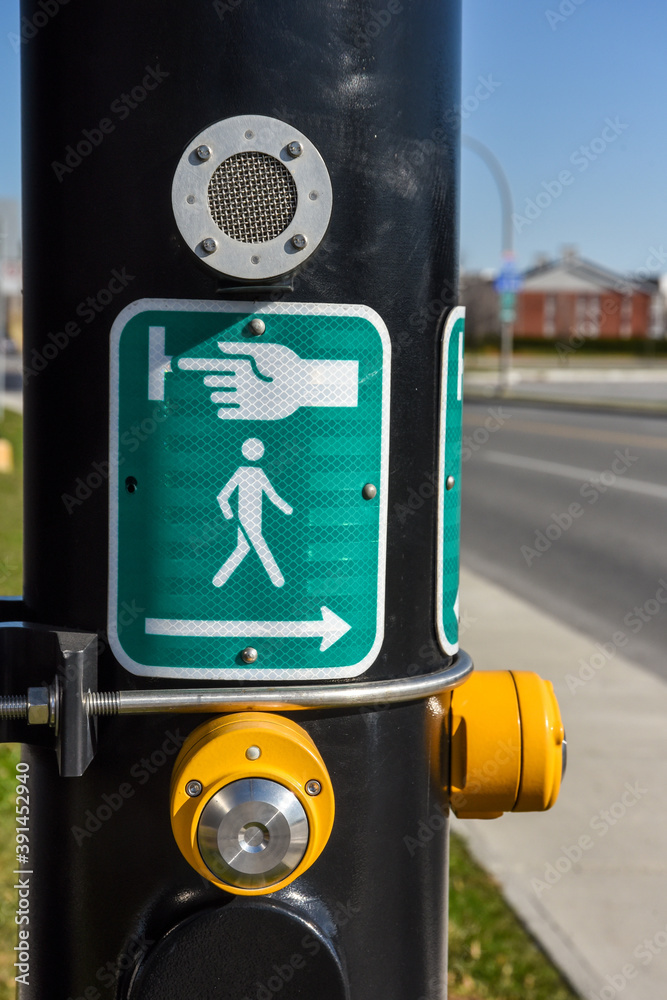 Yellow button road signs pedestrian crossing
