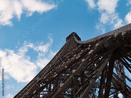 A perspective of the Eiffel Tower from below. Paris France.