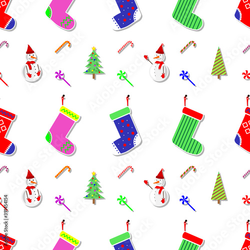 Christmas socks, sweets, trees and snowmans, New Year decorations. Seamless ornament texture, pattern, background and template. Vector