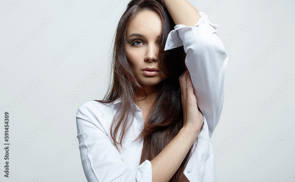 fashion beauty portrait of beautiful woman in white studio fashion beauty portrait of beautiful woman in white studio
