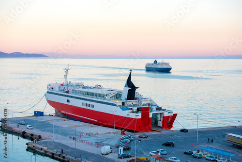 View of port terminal dock and car ferries in Rafina, Attiki, Greece.
