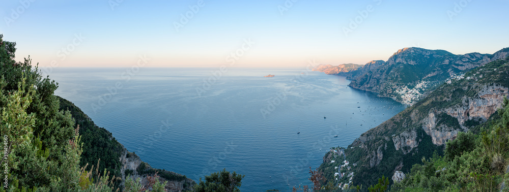 Photography Panoramic view of Amalfi Coast, with Positano seaside village and beach, leisure