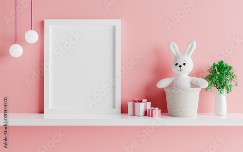 Mock up poster frame with cute rabbit for a girl baby shower 3D rendering