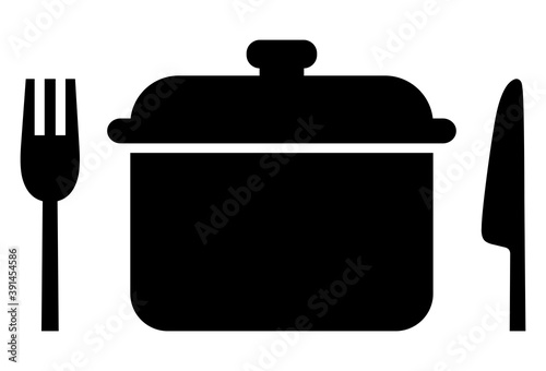 Simple black icon for knife and fork, pot photo