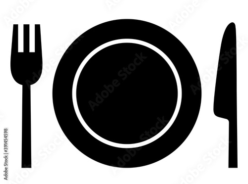 Cross knife and fork, simple black icon on the plate