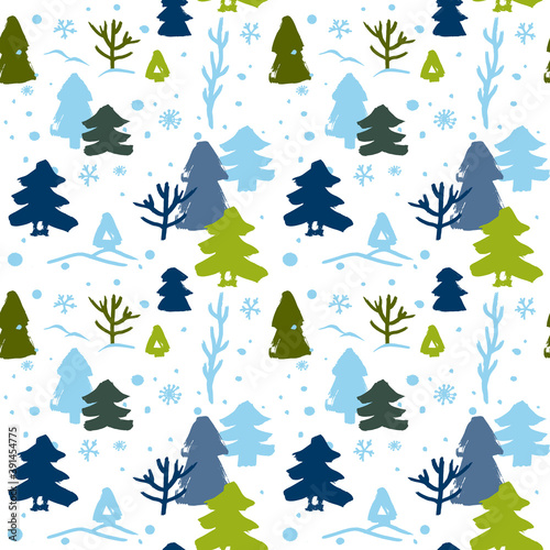 seamless winter pattern with green and blue Christmas trees and snow on white background for wrapping paper and surface design of New Year products