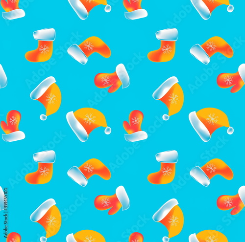 Seamless pattern. New year, Christmas warm clothing hat boots valenki