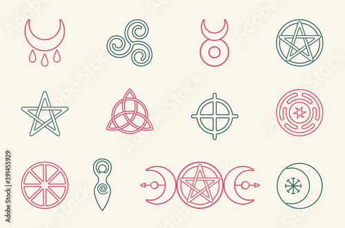 Collection of magical wiccan and pagan symbols, pentagram, triple moon, horned god, triskelion, solar cross, spiral, wheel of the year