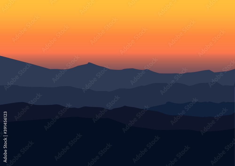 Autumn mountains landscape silhouettes, sunset. Vector illustration