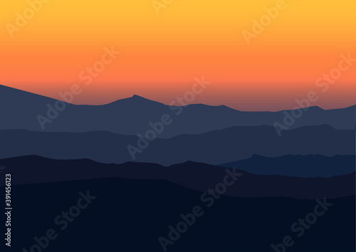 Autumn mountains landscape silhouettes, sunset. Vector illustration