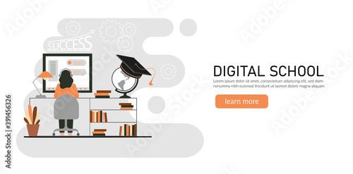 E-learning, online education at home concept.
Distance education, online courses, tutorials, webinar, digital classroom, online teaching metaphors. Flat vector illustration, isolated objects.