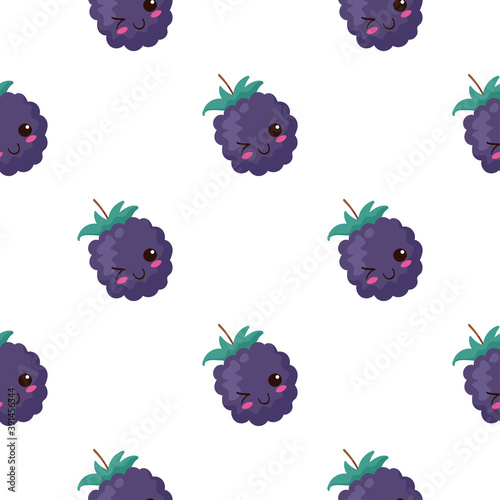 Kawaii Blackberry seamless pattern. Cute vector illustration. Funny healthy food characters isolated on white background. Use for cafe, children menu, fabric print, wrapping paper. Summer berries.