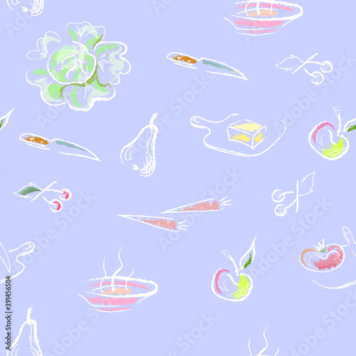 Vector seamless pattern on a culinary theme  imitation of drawing with chalk by hand lilac pastel background crayons. Fruits pear  apple  cherry  vegetables  cabbage  carrot  tomato.
