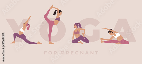 Young pregnant women performing physical exercises and various yoga positions, active pregnancy, hand drawn illustration in modern flat cartoon style in pink colors, isolated on light background
