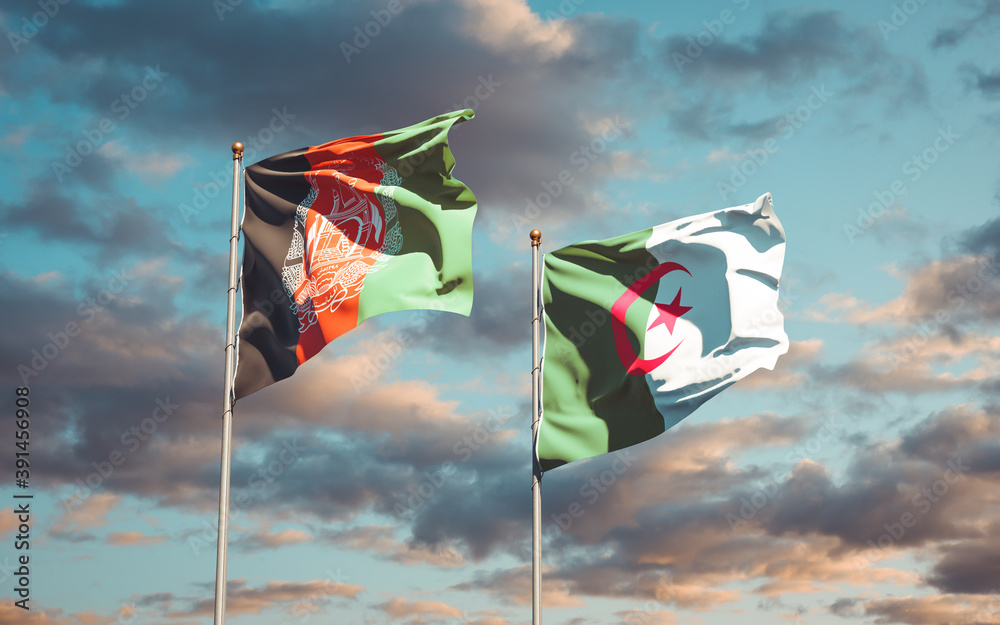 Beautiful national state flags of Algeria and Afghanistan together at the sky background. 3D artwork concept.