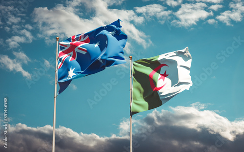 Beautiful national state flags of Algeria and Australia together at the sky background. 3D artwork concept. © Leo Altman
