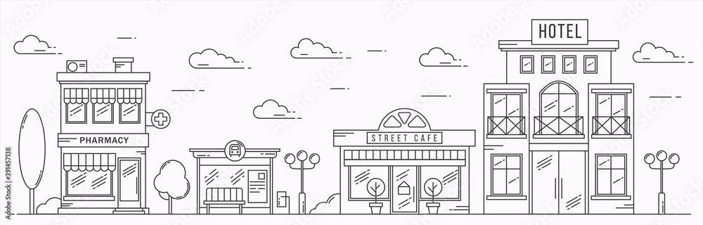 Vector landscape in line art style. Outline street with houses, building, tree and clouds. Cafe, pharmacy, hotel and bus stop. Illustration isolated on white background.