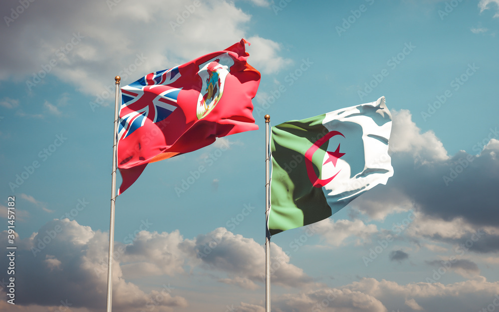 Beautiful national state flags of Algeria and Bermuda together at the sky background. 3D artwork concept. Beautiful national state flags of Algeria and Bermuda together at the sky background. 3D artwork concept.
