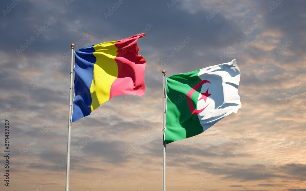 Beautiful national state flags of Algeria and Chad together at the sky background. 3D artwork concept.