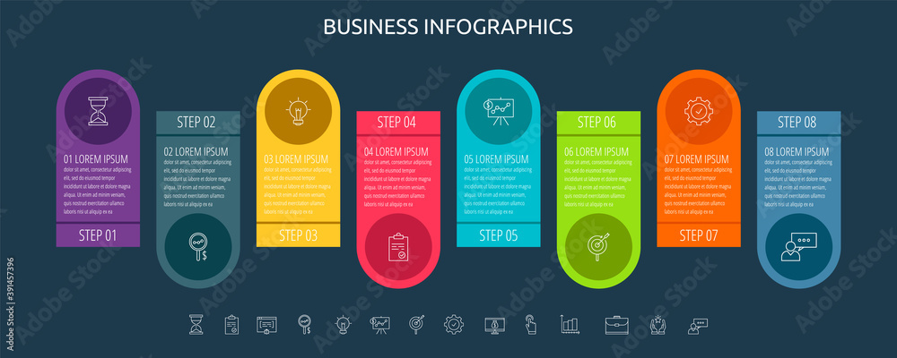 Vector infographic flat template circles for eight label, diagram, graph, presentation. Business concept with 8 options. For content, flowchart, steps, timeline, workflow, marketing, levels, banner Vector infographic flat template circles for eight label, diagram, graph, presentation. Business concept with 8 options. For content, flowchart, steps, timeline, workflow, marketing, levels, banner