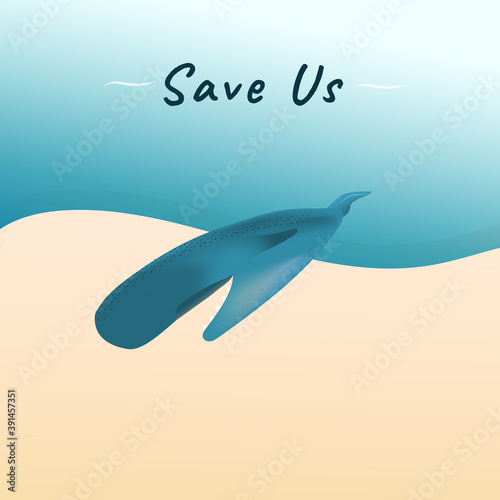 A blue dead stranded whale on sand beach vector for climate change and global warming campaign