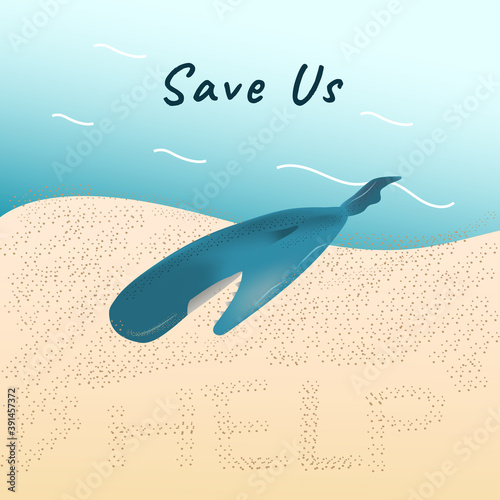 A dead stranded whale on sand beach vector for climate change and global warming campaign