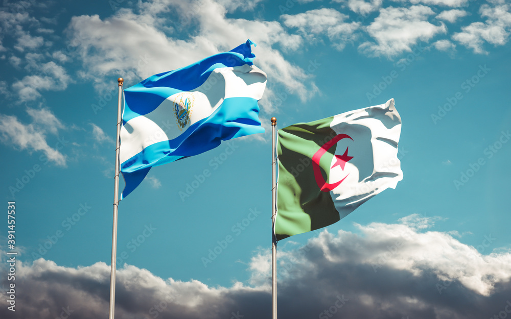 Beautiful national state flags of Algeria and El Salvador together at the sky background. 3D artwork concept. Beautiful national state flags of Algeria and El Salvador together at the sky background. 3D artwork concept.