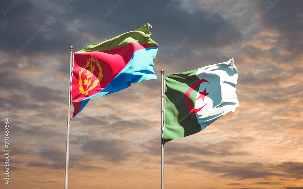 Beautiful national state flags of Algeria and Eritrea together at the sky background. 3D artwork concept. Beautiful national state flags of Algeria and Eritrea together at the sky background. 3D artwork concept.