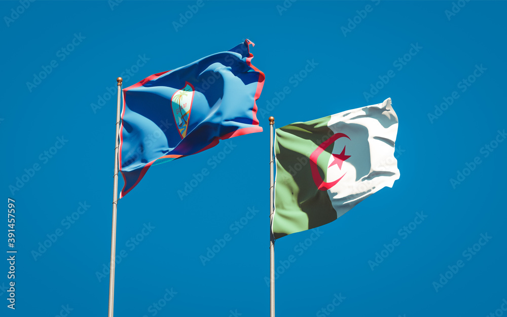 Beautiful national state flags of Algeria and Guam together at the sky background. 3D artwork concept. Beautiful national state flags of Algeria and Guam together at the sky background. 3D artwork concept.