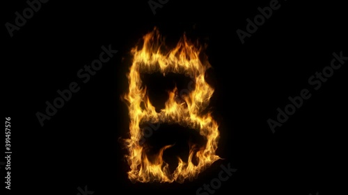 3D animation of the letter b on fire with alpha layer