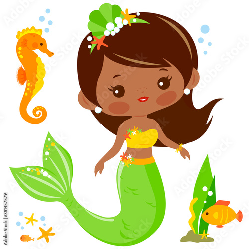 Beautiful mermaid and sea animals. Vector illustration