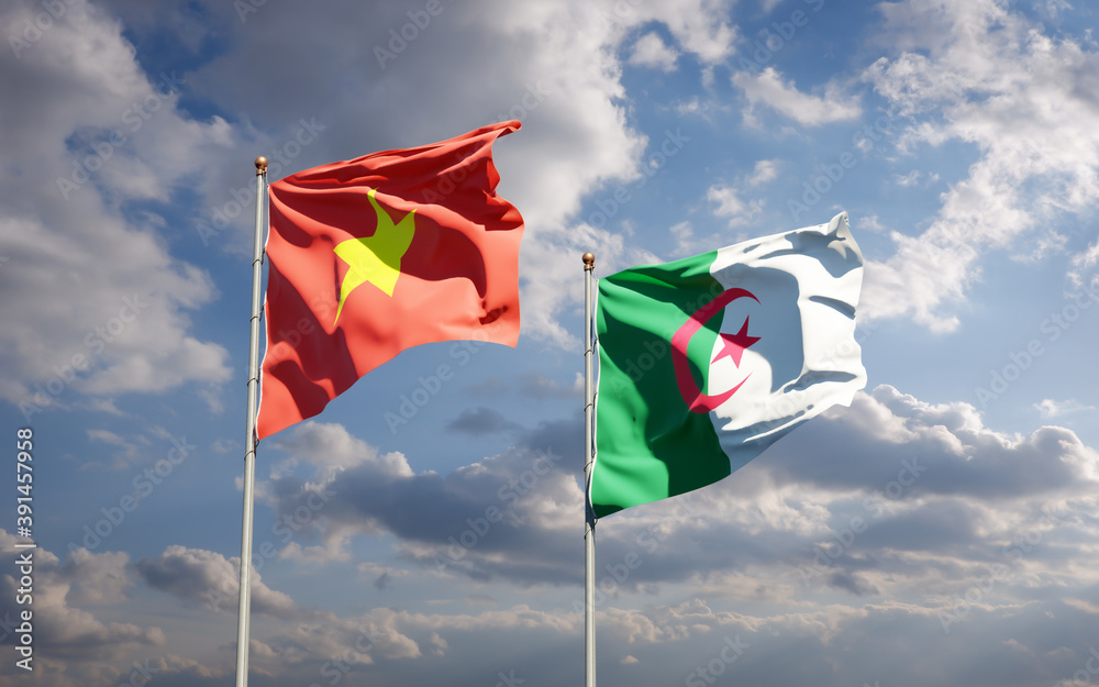 Beautiful national state flags of Vietnam and Algeria together at the sky background. 3D artwork concept.