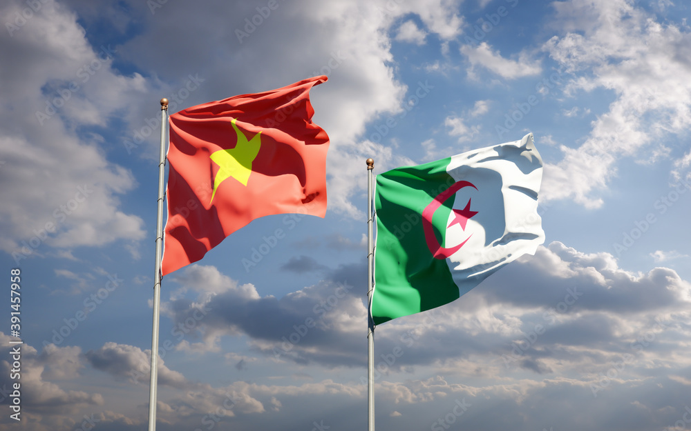 Beautiful national state flags of Vietnam and Algeria together at the sky background. 3D artwork concept. Beautiful national state flags of Vietnam and Algeria together at the sky background. 3D artwork concept.