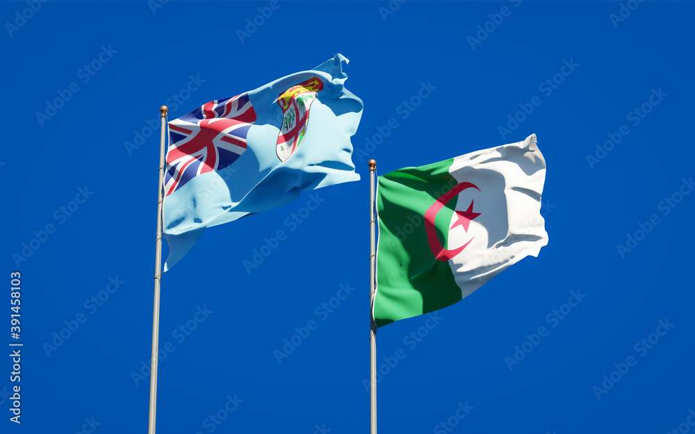 Beautiful national state flags of Fiji and Algeria together at the sky background. 3D artwork concept. Beautiful national state flags of Fiji and Algeria together at the sky background. 3D artwork concept.