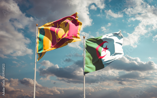 Beautiful national state flags of Sri Lanka and Algeria together at the sky background. 3D artwork concept.