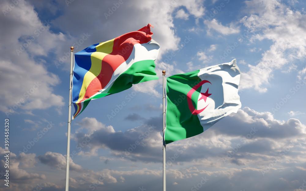Beautiful national state flags of Seychelles and Algeria together at the sky background. 3D artwork concept. Beautiful national state flags of Seychelles and Algeria together at the sky background. 3D artwork concept.