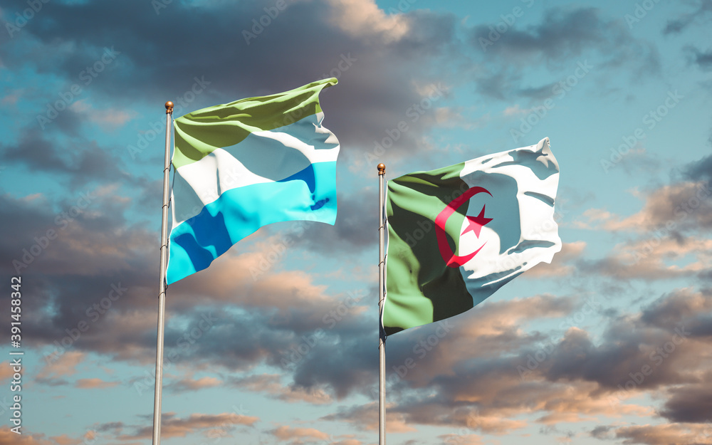 Beautiful national state flags of Sierra Leone and Algeria together at the sky background. 3D artwork concept. Beautiful national state flags of Sierra Leone and Algeria together at the sky background. 3D artwork concept.