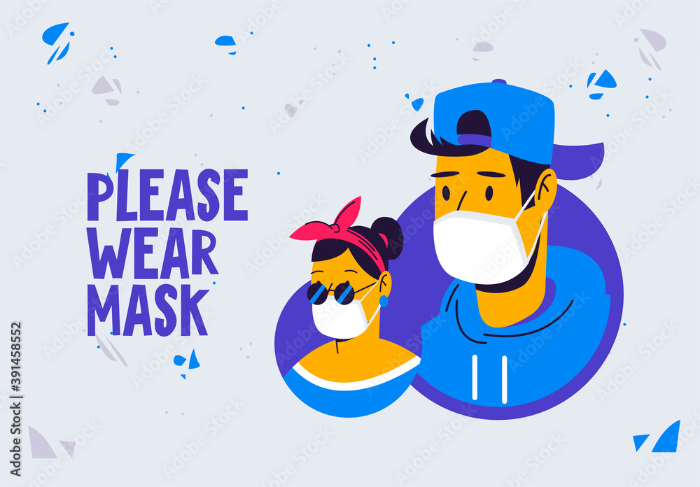 Vector illustration of people men and women in medical masks, lettering please wear mask Vector illustration of people men and women in medical masks, lettering please wear mask