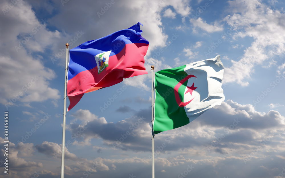 Beautiful national state flags of Haiti and Algeria together at the sky background. 3D artwork concept. Beautiful national state flags of Haiti and Algeria together at the sky background. 3D artwork concept.