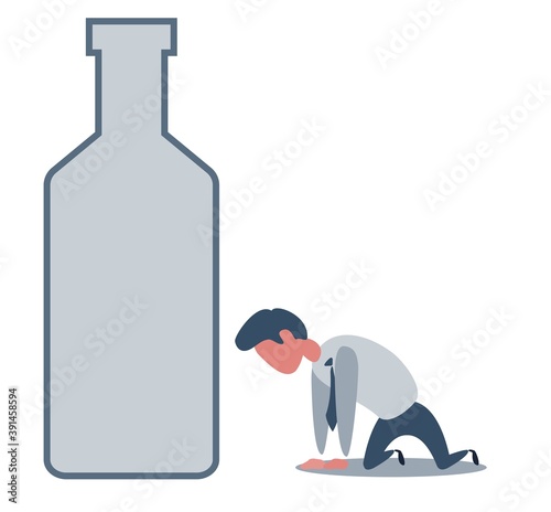 Sick drunk man on the knees beside the bottle of wine. Concept flat vector illustration of alcohol addiction. Vector flat design illustration.