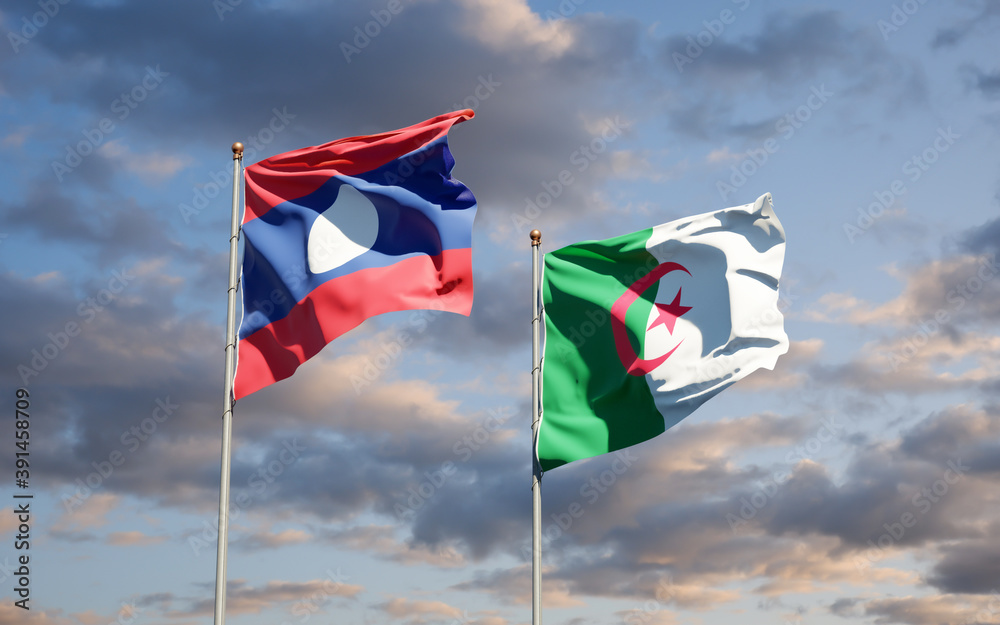 Beautiful national state flags of Laos and Algeria together at the sky background. 3D artwork concept.